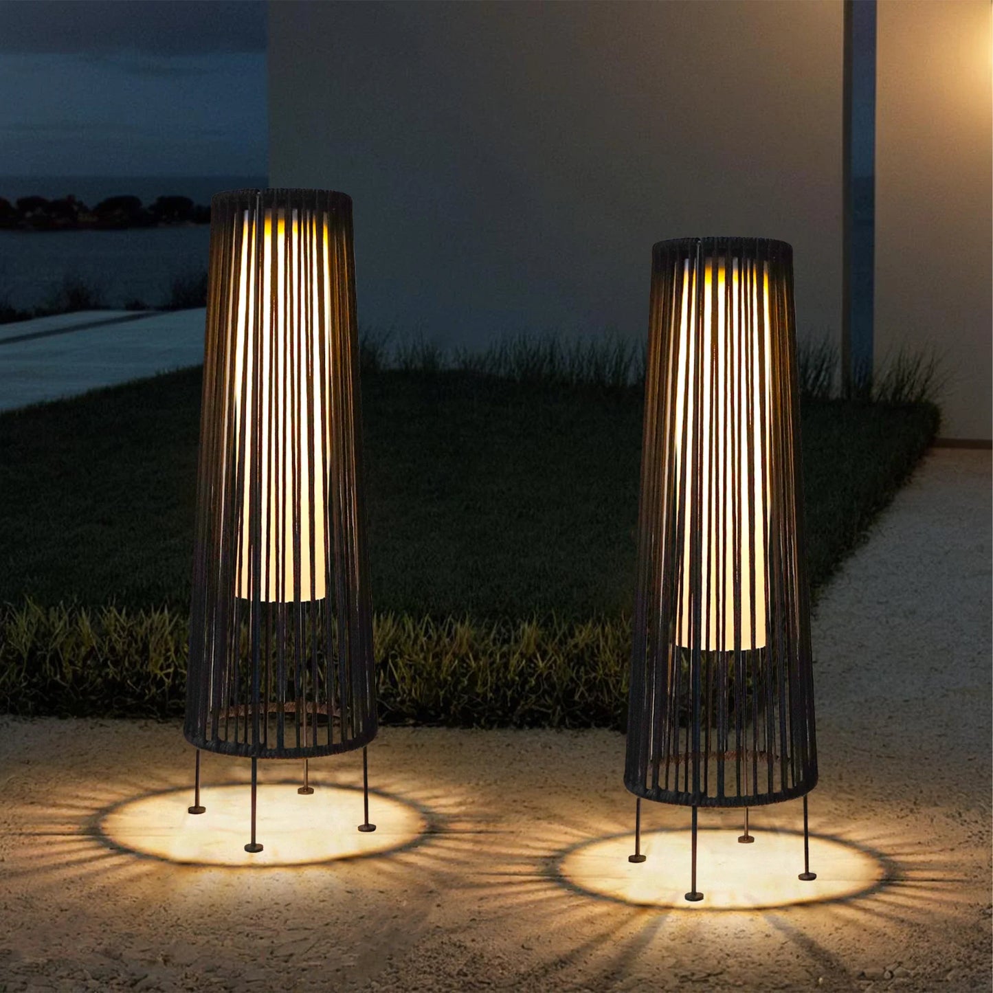 2 Piece Solar Powered Lantern Wicker Solar Patio Lamp Black