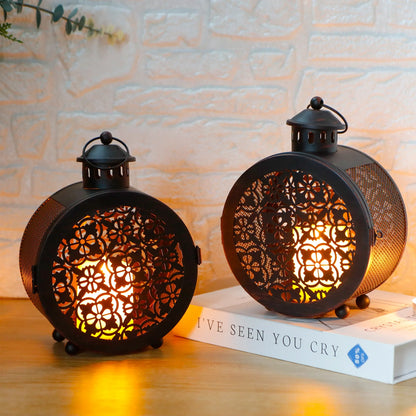 Set of 2 Round Vintage Metal Candle Lanterns 7.5" H