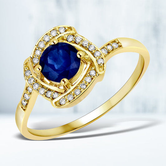 0.73 Carat Genuine Blue Sapphire and White Diamond 14K Yellow Gold Ring