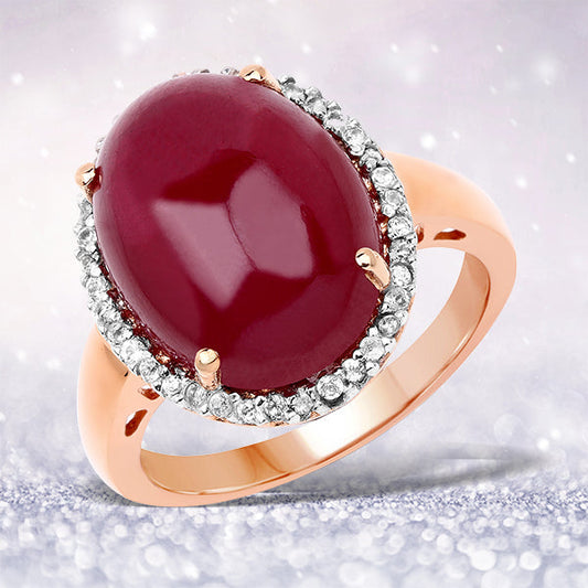 Bague en argent sterling 925 plaqué or rose 14 carats, ornée de rubis synthétique (verre rempli) de 16,69 carats et de topazes blanches