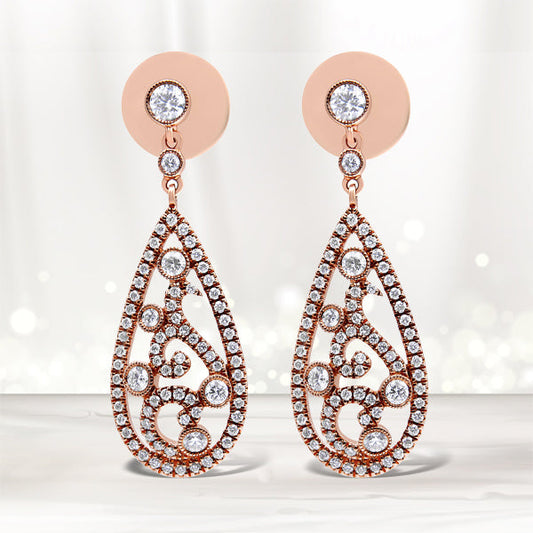 Boucles d'oreilles pendantes en forme de goutte en or rose 18 carats avec diamants de 1,25 carat (couleur F-G, pureté VS1-VS2)