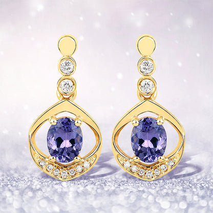 0.76 Carat Genuine Tanzanite and White Diamond 14K Yellow Gold Earrings