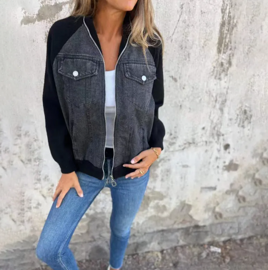 Chaqueta casual de mezclilla con capucha y retazos para mujer