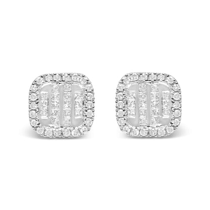 10K White Gold 7/8 Cttw Diamond Princess Composite and Halo Stud Earrings (I-J Color, I1-I2 Clarity)