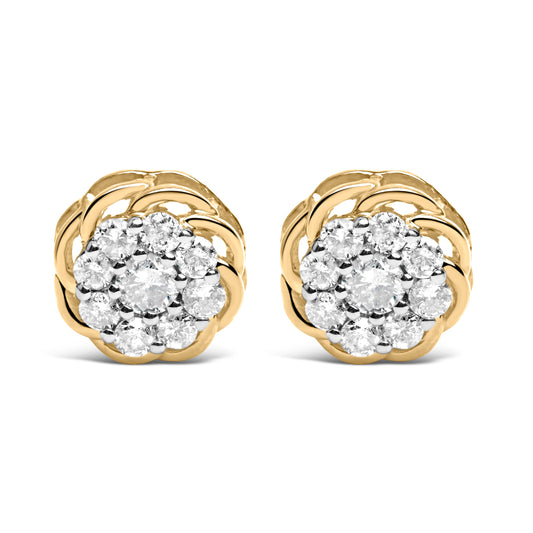 Boucles d'oreilles clous en grappe de diamants de 0,50 carat CT TW en argent sterling 925 plaqué or jaune 10 carats (couleur J-K, pureté I2-I3)