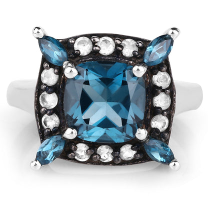 3.24 Carat Genuine London Blue Topaz and White Topaz .925 Sterling Silver Ring