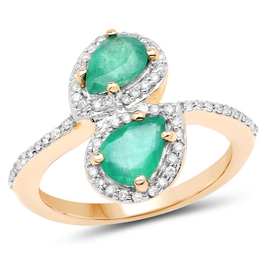 Bague en or jaune 14 carats avec émeraude véritable de Zambie de 2,06 carats et zircon blanc