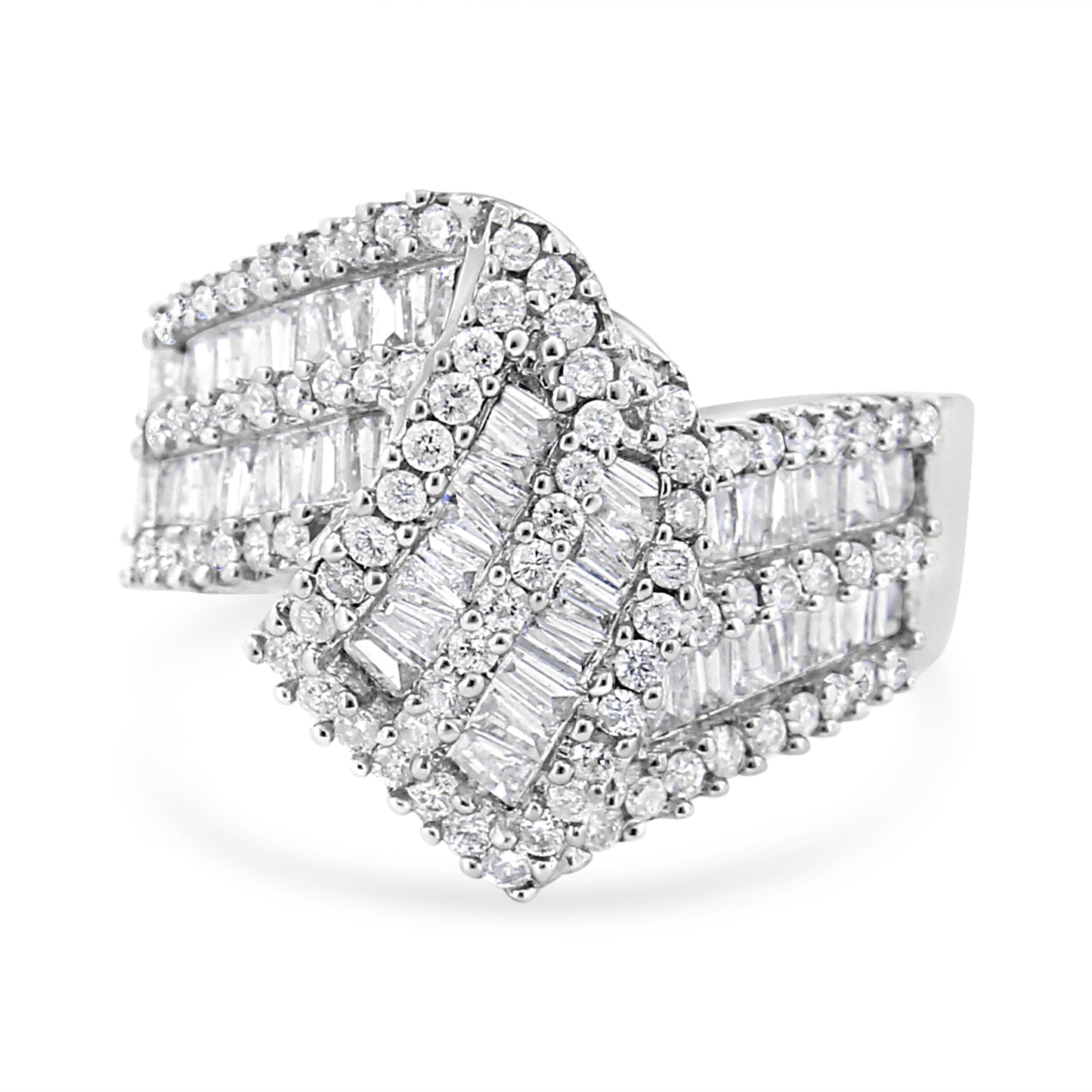 14K White Gold 1-1/2 Cttw Round and Baguette Diamond Bypass Cocktail Ring Band (H-I Color, SI1-SI2 Clarity) - Size 7