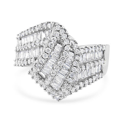 14K White Gold 1-1/2 Cttw Round and Baguette Diamond Bypass Cocktail Ring Band (H-I Color, SI1-SI2 Clarity) - Size 7
