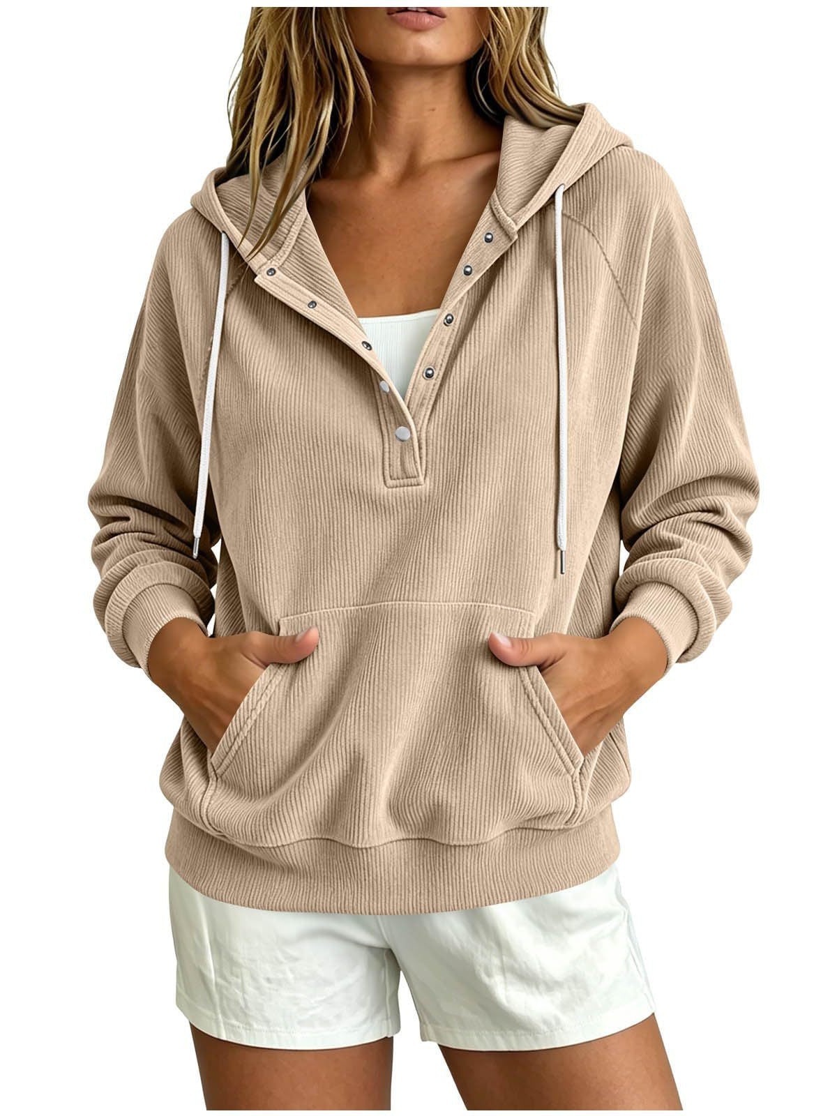 2026 Autumn New Style European Women's Dressy Corduroy Hooded Sweatshirt With Half-Closed Button And Drawstring Loose Top For Women