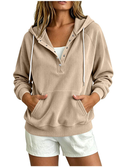 2026 Autumn New Style European Women's Dressy Corduroy Hooded Sweatshirt With Half-Closed Button And Drawstring Loose Top For Women
