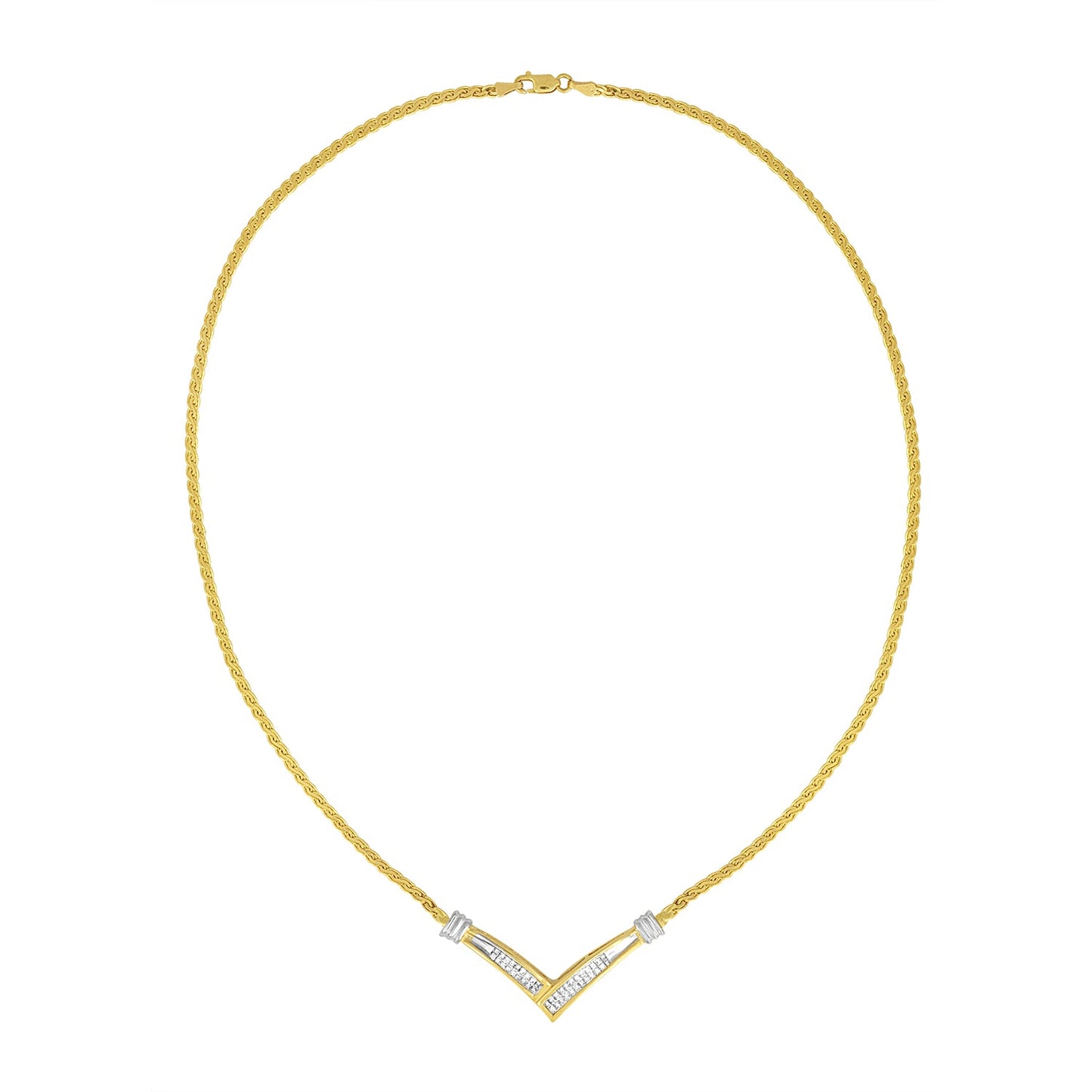 10K Yellow and White Gold 1/2 Cttw Princess Cut Diamond Channel-Set â€œVâ€ Shape 18" Franco Chain Necklace (H-I Color, SI2-I1 Clarity)