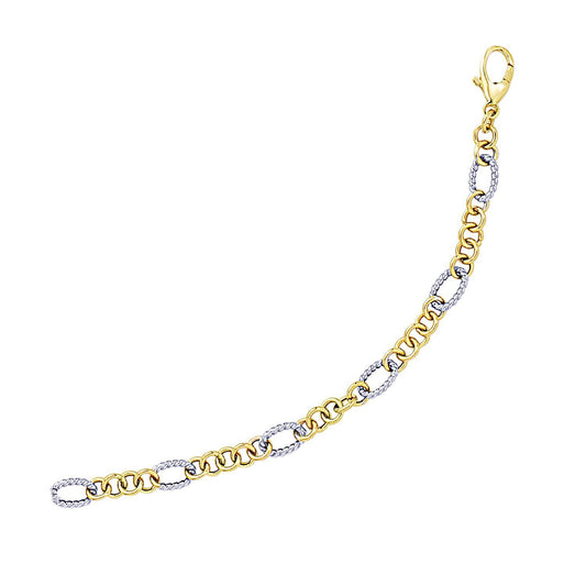 Bracelet chaîne à maillons ovales et ronds avec motif corde en or deux tons 14 carats