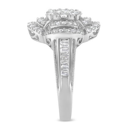 14K White Gold 1.0 Cttw Round & Baguette Cut Diamond Floral Cluster Quatrefoil Channel Set Band Cocktail Statement Ring (H-I Color, SI2-I1 Clarity) - Size 6-3/4