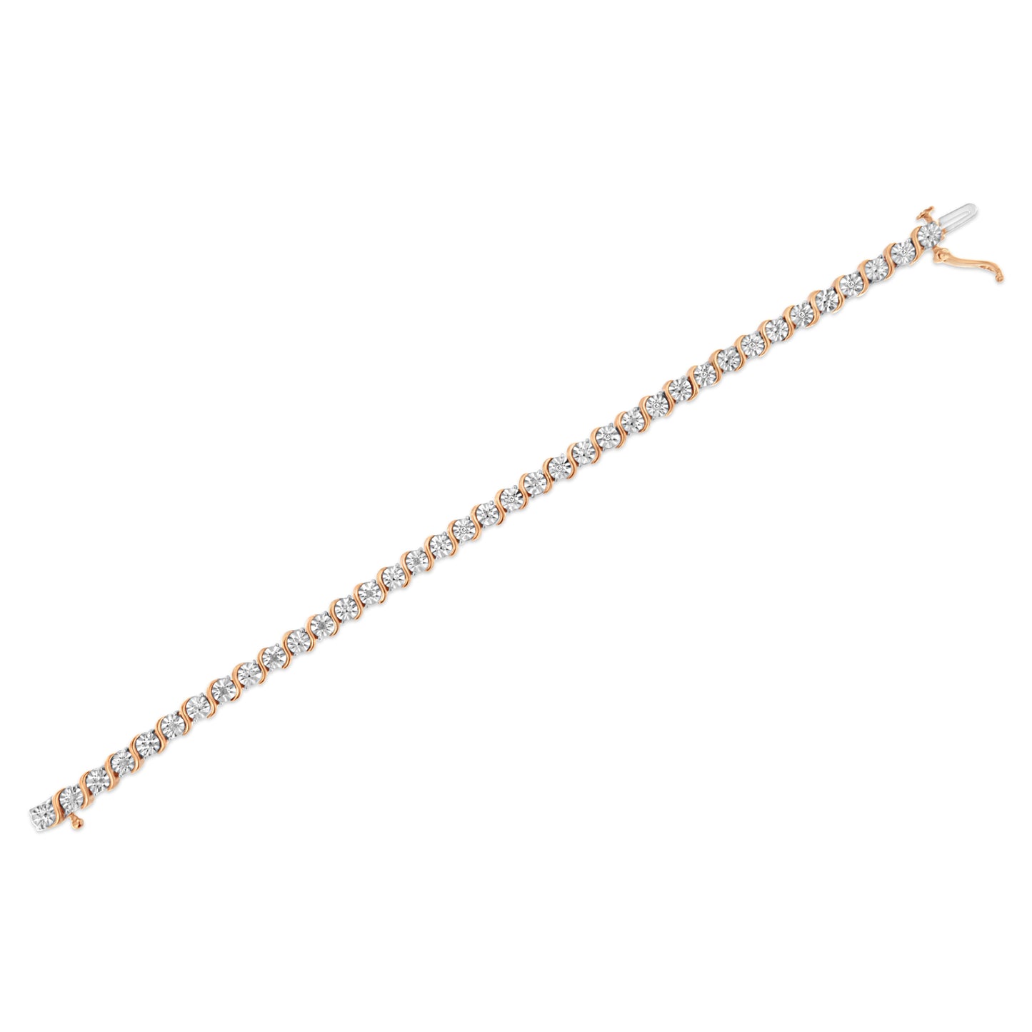 14K Rose Gold Plated .925 Sterling Silver 1/10 Cttw Diamond Round Miracle Plate and "S" Link Tennis Bracelet (I-J Color, I2- I3 Clarity) - 7"