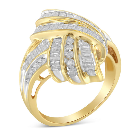 Bague à déclarer en or jaune 10 carats plaqué argent sterling 925 avec diamants ronds et baguettes de 1,0 carat sertis clos, en forme de nœud (couleur I-J, clarté I2-I3) - Taille 6