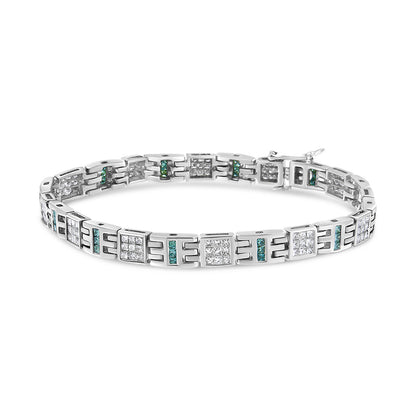 14K White Gold Princess-Cut white and Blue Diamond 3.00 cttw Fashion Link Bracelet (H-I Color, SI1-SI2 Clarity)
