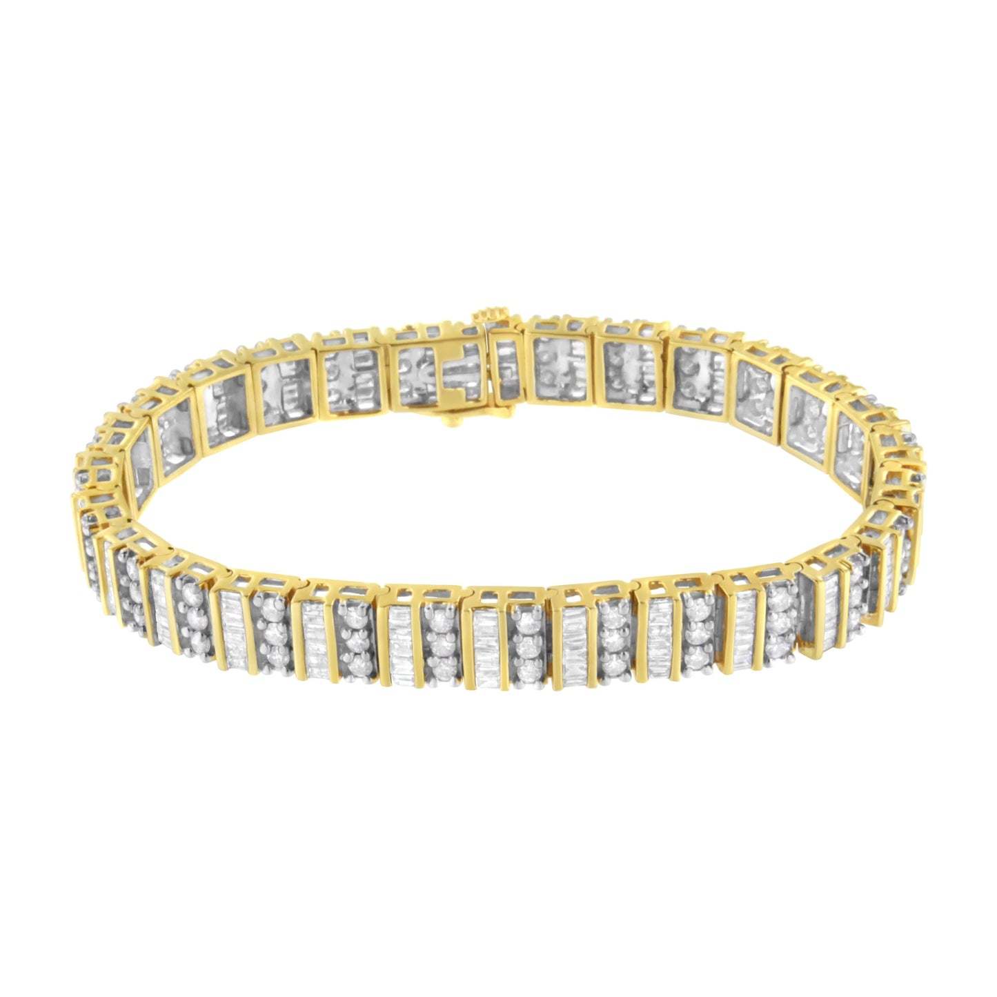 14K Yellow Gold 5.50 Cttw Round and Baguette Diamond Link Bracelet