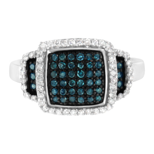 Bague cocktail carrée en argent sterling .925 plaqué rhodium noir avec halo de diamants blancs et bleus de 1/2 carat (bleu fantaisie et couleur H-I, clarté I2-I3) - Taille 6