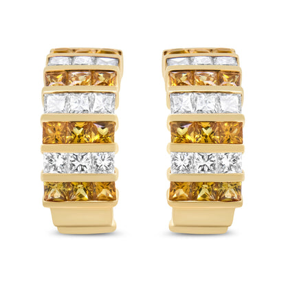 18K Yellow Gold 1 3/4 Cttw Invisible Set Princess Cut Diamond and 2.5mm Yellow Sapphire Huggie Hoop Earrings (F-G Color, VS1-VS2 Clarity)