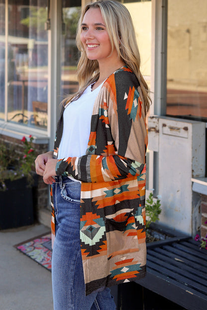Geometric Open Front Long Sleeve Cardigan with Pockets