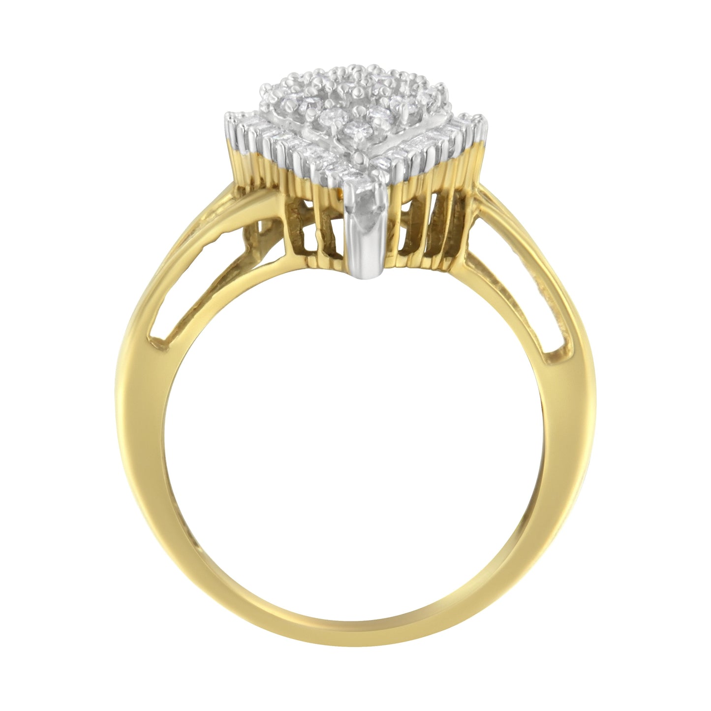 14K Yellow and White Gold 1.00 Cttw Round and Baguette-Cut Diamond Ballerina Cocktail Ring (H-I Color, SI2-I1 Clarity)