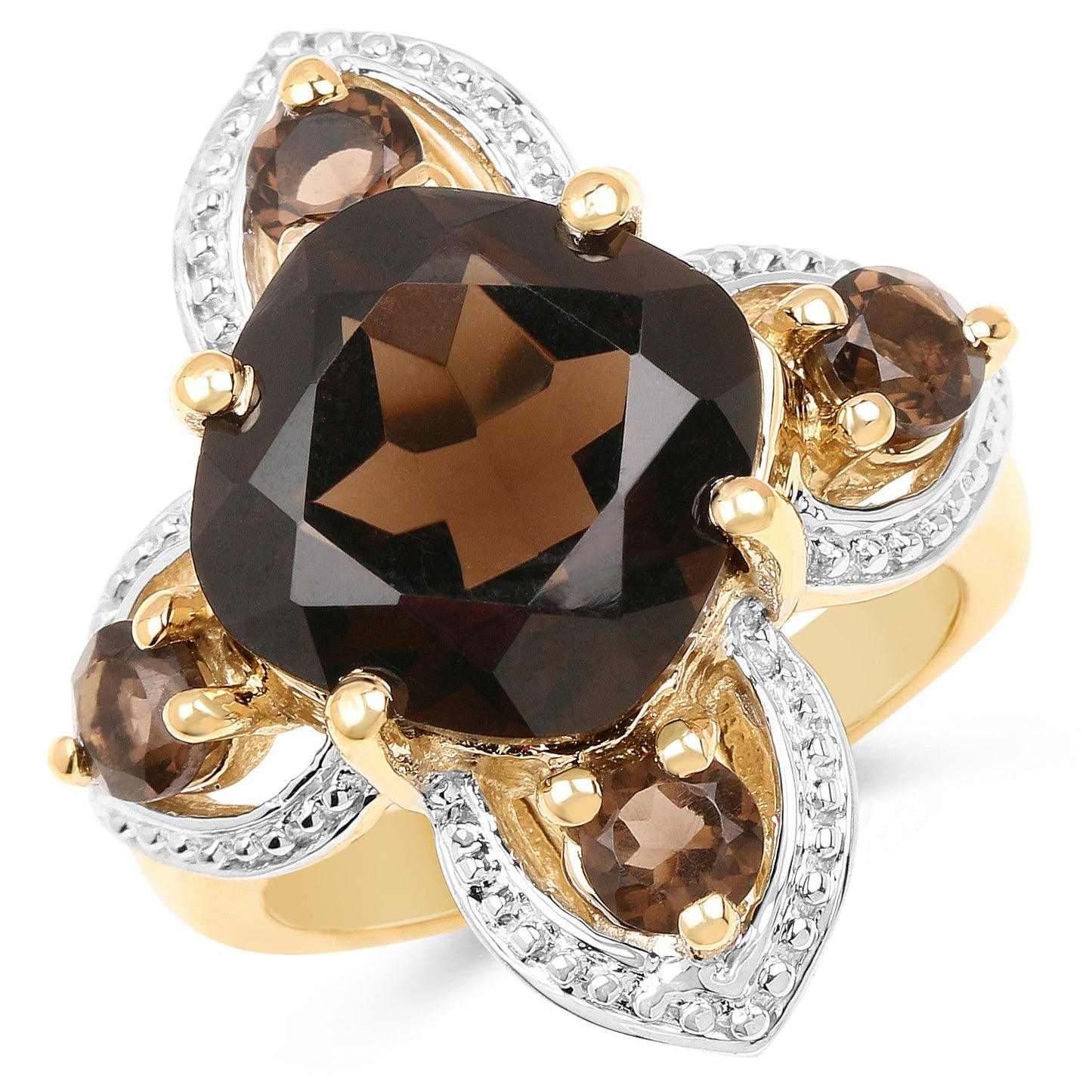 14K Yellow Gold Plated 5.92 Carat Genuine Smoky Quartz .925 Sterling Silver Ring