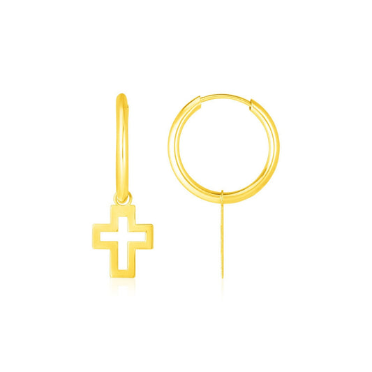 Boucles d'oreilles créoles polies en or jaune 14K avec croix