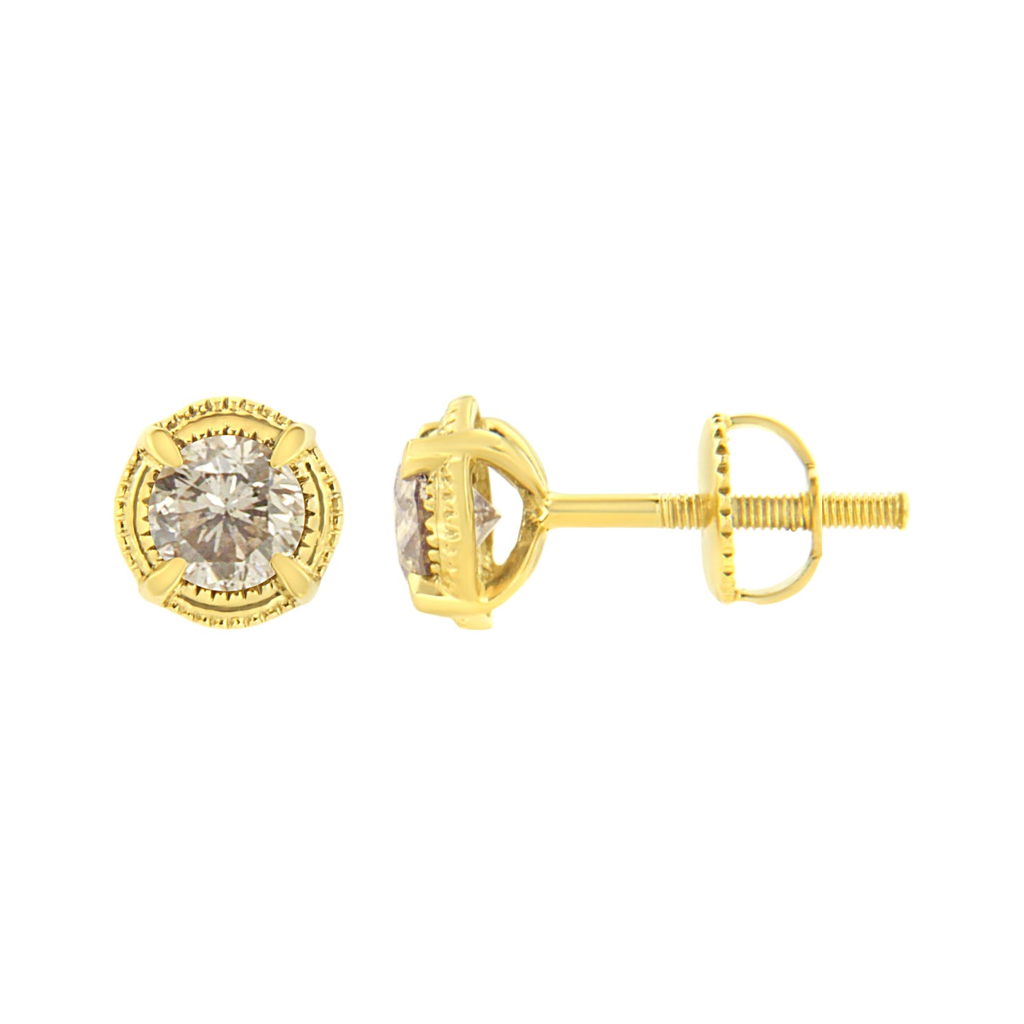 14K Yellow Gold Plated .925 Sterling Silver 1.0 Cttw Round Brilliant Cut Diamond Solitaire Milgrain Stud Earrings (K-L Color, I2-I3 Clarity)