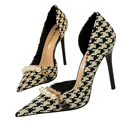 Zapatos BIGTREE 2026 Primavera Zapatos de tacón de mujer Perla Cadena de metal Tacones altos Stilettos de grano a cuadros Zapatos de banquete de lujo para mujer 43
