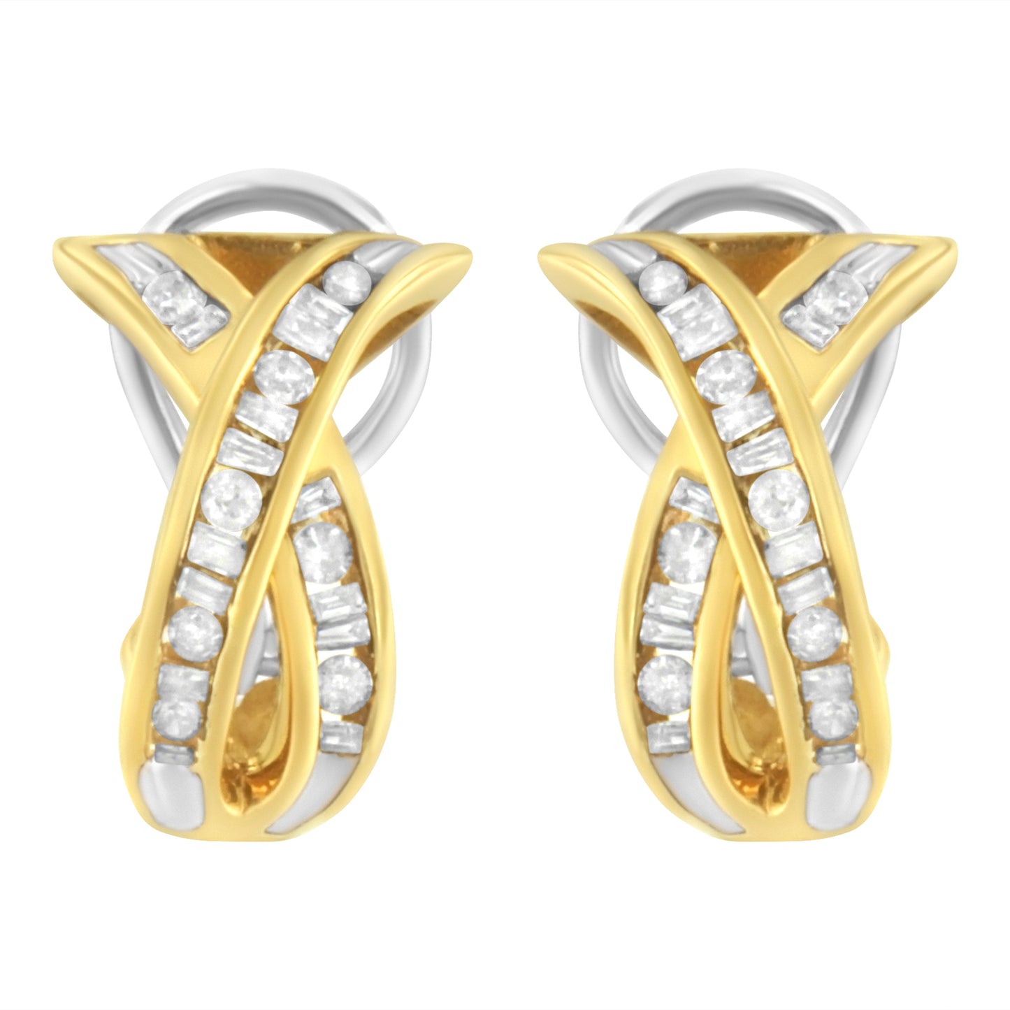 14K Yellow and White Gold 1/2 TDW "X" Shape Cross Over Diamond Hoop Earrings (I-J, I2-I3)