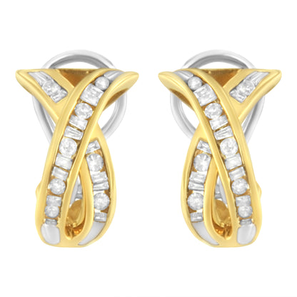 14K Yellow and White Gold 1/2 TDW "X" Shape Cross Over Diamond Hoop Earrings (I-J, I2-I3)