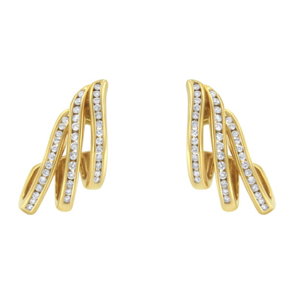 10K Yellow Gold 1.0 Cttw Round Brilliant Cut Diamond Spiral Multi Row Channel Set Open Hoop Pushback Stud Earrings (H-I Color, I1-I2 Clarity)