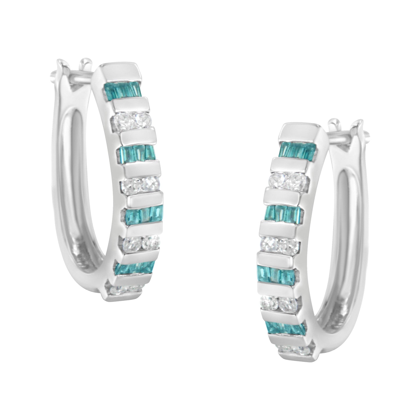 10k White Gold Round and Blue Baguette 1/2 cttw Diamond Hoop Earrings (I-J Color, I2-I3 Clarity)
