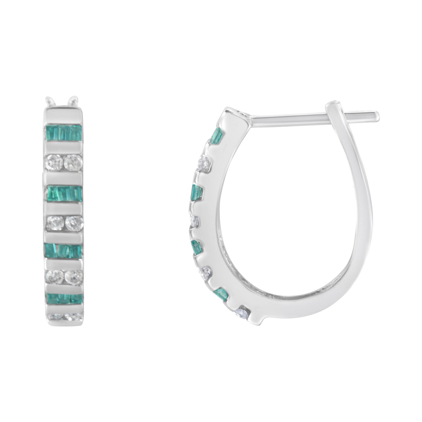 10k White Gold Round and Blue Baguette 1/2 cttw Diamond Hoop Earrings (I-J Color, I2-I3 Clarity)
