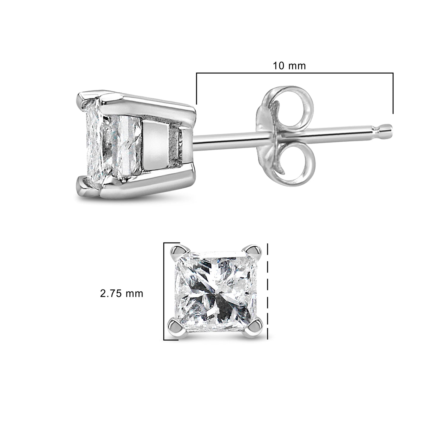 .925 Sterling Silver 1/4 Cttw Princess-Cut Diamond Solitaire Stud Earrings (H-I Color, I1-I2 Clarity)