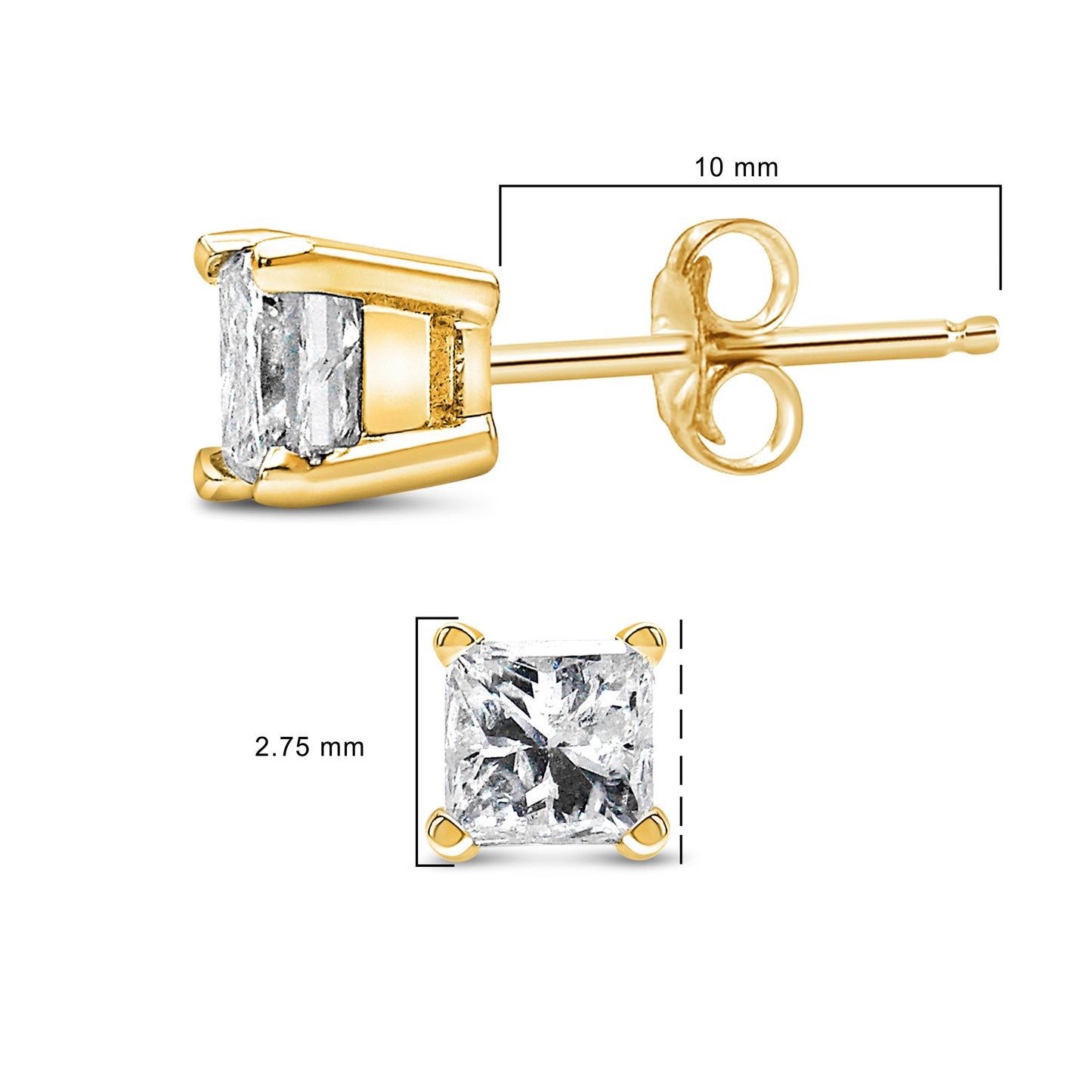 AGS Certified 14k Yellow Gold 1/4 Cttw 4-Prong Set Princess-Cut Solitaire Diamond Push Back Stud Earrings (H-I Color, SI1-SI2 Clarity)