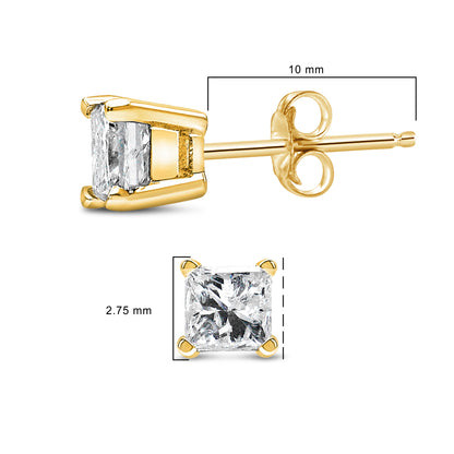 AGS Certified 14k Yellow Gold 1/4 Cttw 4-Prong Set Princess-Cut Solitaire Diamond Push Back Stud Earrings (H-I Color, SI1-SI2 Clarity)