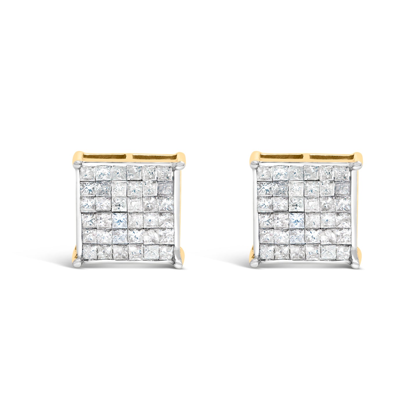 10K Yellow Gold 2.0 Cttw Invisible-Set Princess-Cut Diamond Stud Earrings