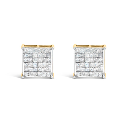 10K Yellow Gold 2.0 Cttw Invisible-Set Princess-Cut Diamond Stud Earrings