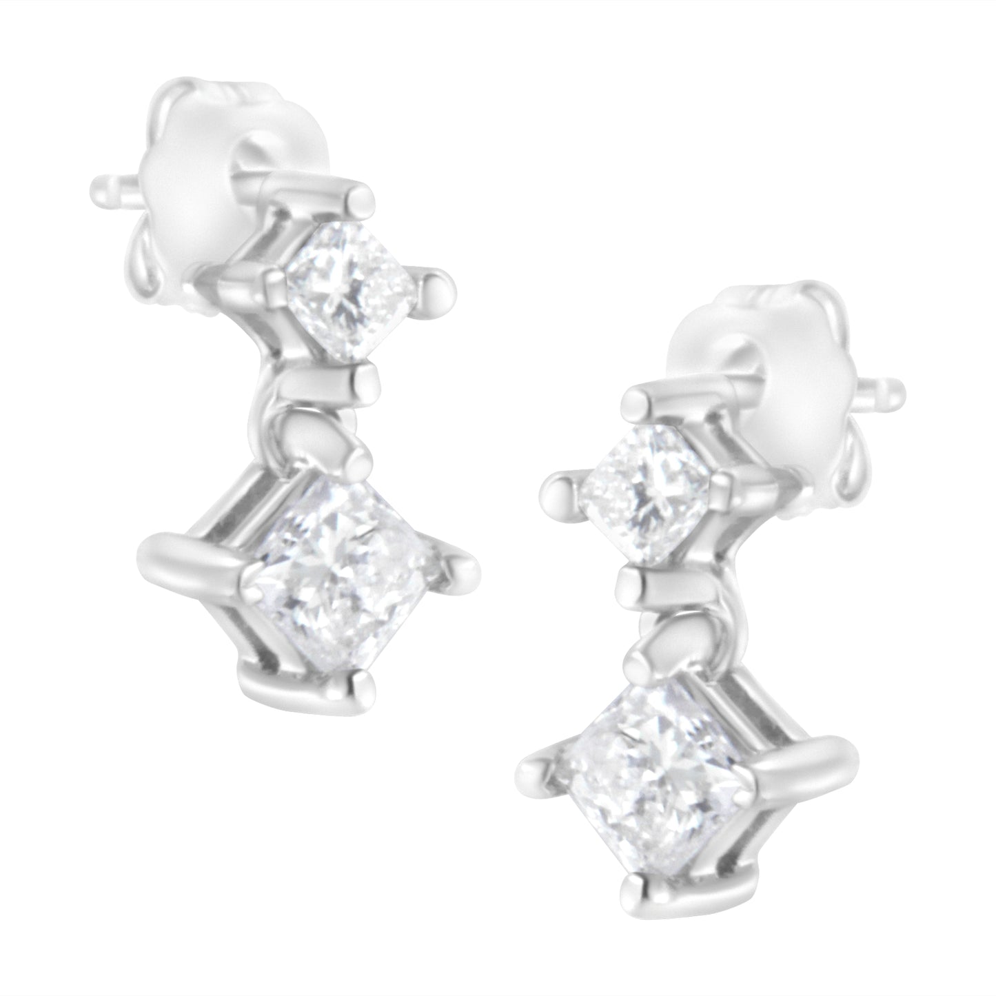 14K White Gold 3/4 cttw Double Diamond Princess-Cut Stud Earrings (I-J Clarity, I2-I3 Color)