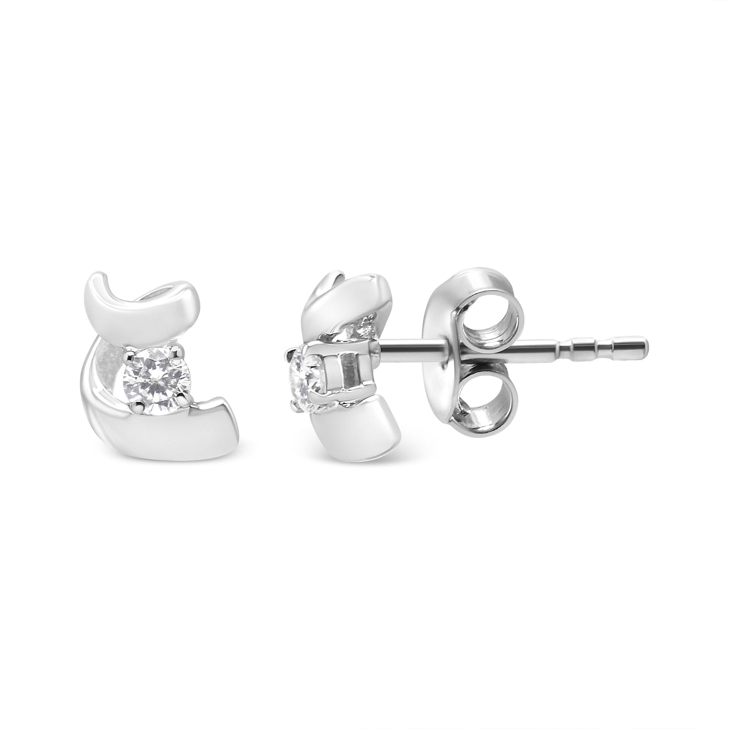 10K White Gold 1/10 Cttw Round Brilliant-Cut Diamond Espira Swirls Solitaire Push Back Stud Earrings (I-J Color, I1-I2 Clarity)