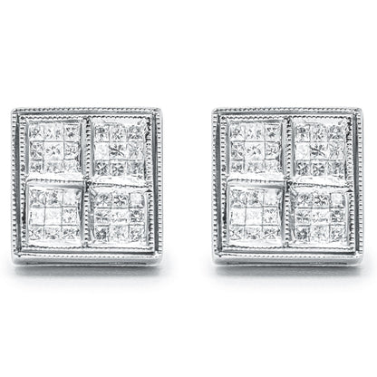 14K White Gold 1/2 Cttw Princess Diamond Composite Box Shape Milgrain Stud Earrings (H-I Color, SI1-SI2 Clarity)