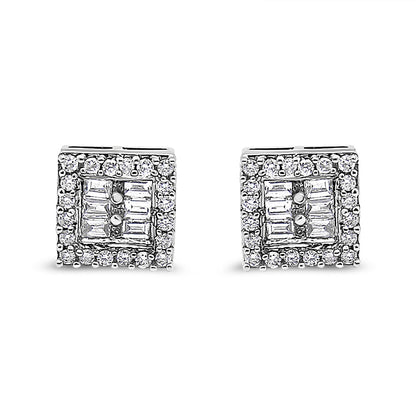 14K White Gold 1 cttw Round and Baguette Diamond Stud Earrings (H-I, SI1-SI2)
