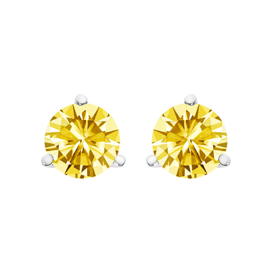 Boucles d'oreilles solitaires à clous en or blanc 14 carats, serties martini à 3 griffes, avec diamants jaunes de synthèse de 1,0 carat total