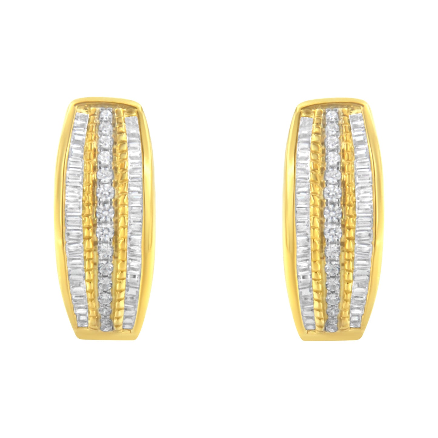 10K Yellow Gold 3/4 Cttw Pave and Channel Set Diamond Triple Row Modern Hoop Earrings (I-J Color, I2-I3 Clarity)