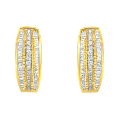 10K Yellow Gold 3/4 Cttw Pave and Channel Set Diamond Triple Row Modern Hoop Earrings (I-J Color, I2-I3 Clarity)
