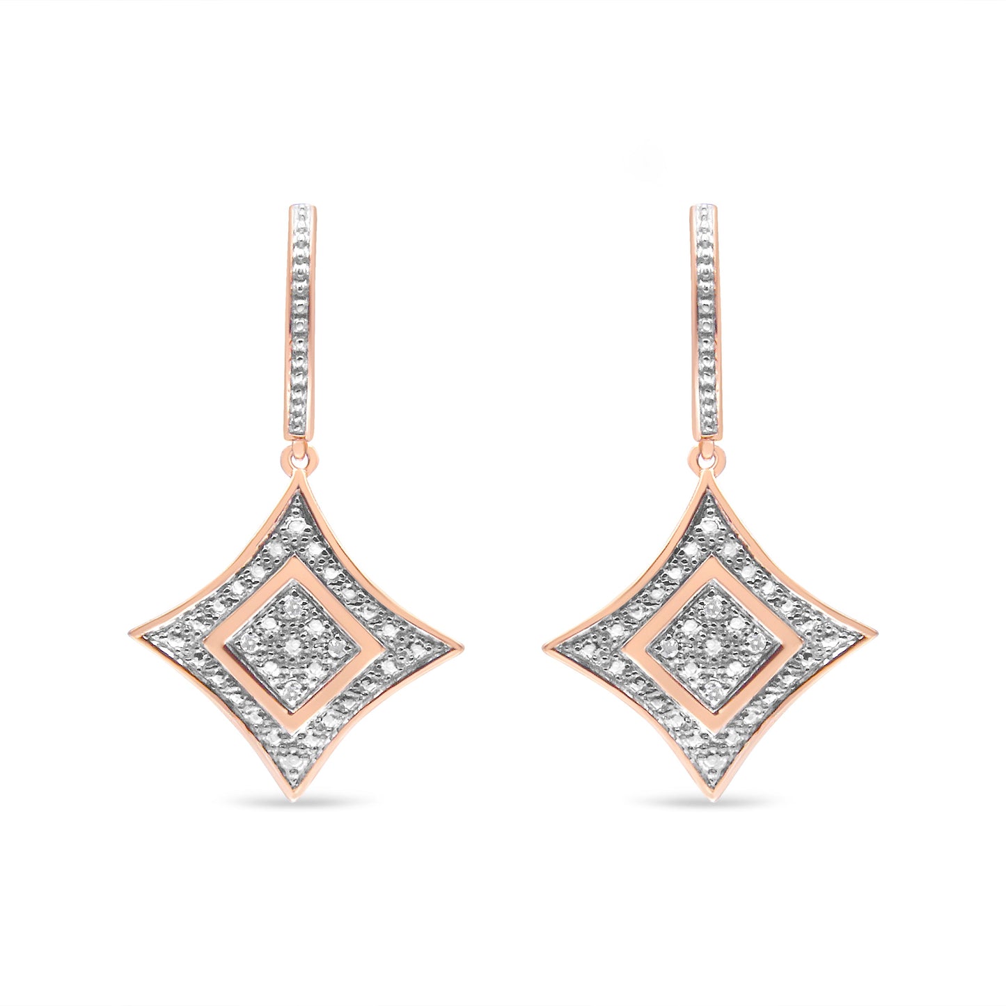 10K Rose Gold Plated Sterling Silver Round Cut Diamond Cushion Dangle Earrings (0.04 cttw, H-I Color, I2-I3 Clarity)