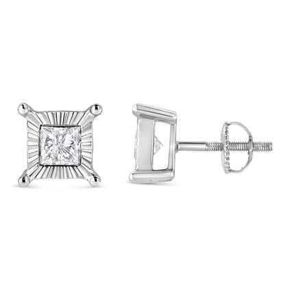 .925 Sterling Silver 1.0 Cttw Miracle Set Princess-cut Diamond Solitaire Stud Earrings (H-I Color, I2-I3 Clarity)