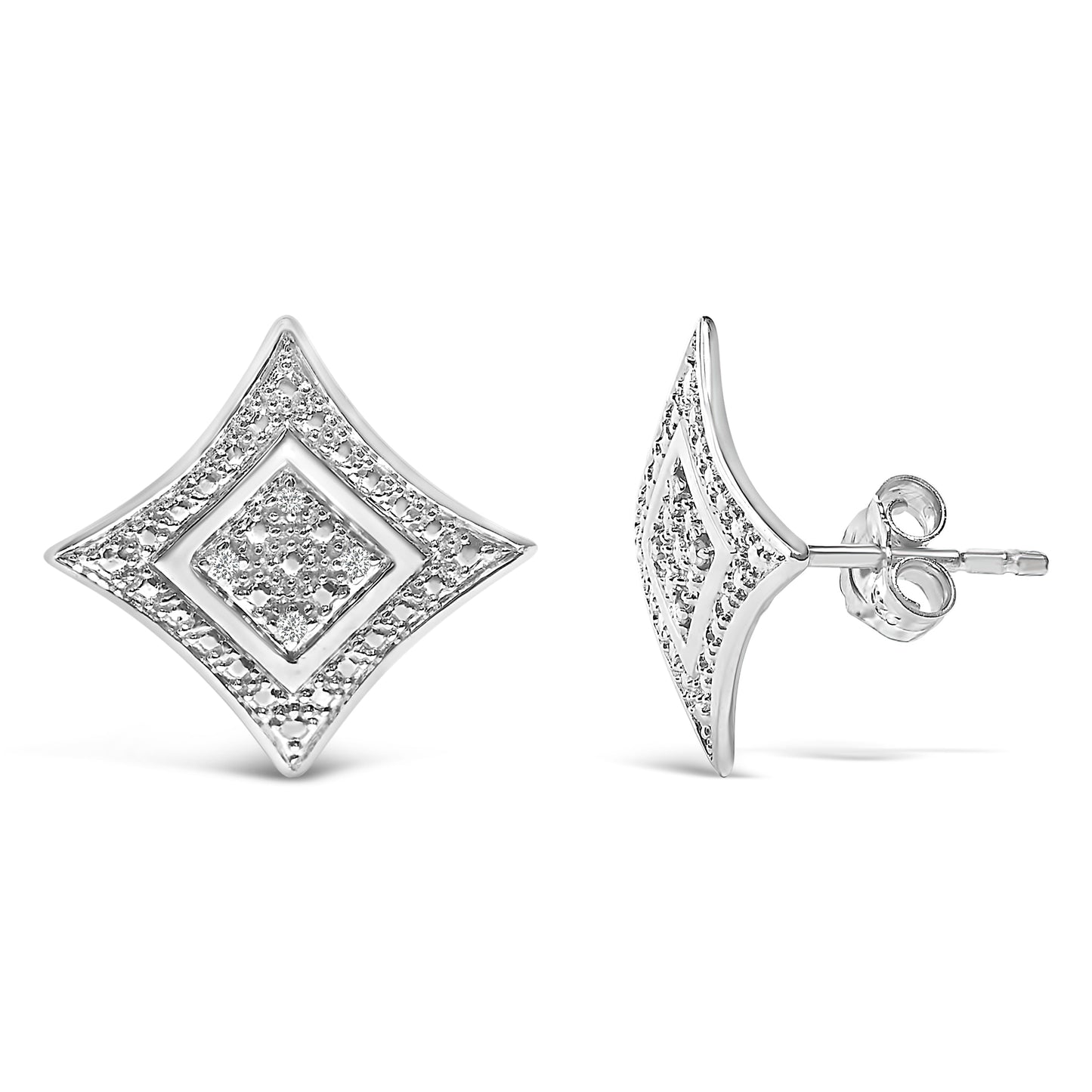 .925 Sterling Silver Diamond Accented 4-Stone Four Pointed Star Shaped Halo-Style Stud Earrings (H-I Color, I2-I3 Clarity)